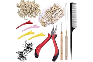 Duufin Hair Extensions Tools Kit 500 Pcs Blonde Micro Ring Beads 1 Pc Micro Beads Plier 2 Pcs Loop Needle Threader Pulling Hook 4 Pcs Plastic Alligator Clips 1 Pc Comb and 2 Bags Mini Rubber Bands