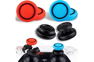 PlayRealm NO Falling Off Thumbstick Extender x 2 & Thumb Grip x 4 for PS5 & PS4 Controller (Red & Blue Black Ring)