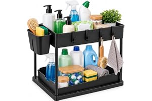 2 Tier Under Sink Organizer with Sliding Basket, Side Cup & Hooks, Black | Under Sink Storage, Cabinet Organiser
