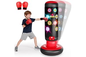 HOT BEE Interactive Punching Ball Enfants, Sac de Frappe avec Musique et Lumière, Sac de Boxe avec Gants de Boxe pour Karaté, Taekwondo, Cadeau pour Garçons & Filles de 6-12 Ans