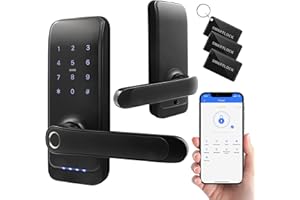 EURA ELH-01H4 Smartes Türschloss mit Griff, Codeschloss, 13,56 MHz Näherungsleser, biometrisches Lesegerät, App TTLock/TTHotel, IP65, universeller Riegelabstand, schwarz