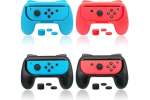 Griffe Halterung für Joy Con Switch & Switch OLED-Modell mit Daumen Griffkappen, (4 Pack) Gummioberfläche Joy Controller Grip Halter mit Joystick Kappen Zubehör - Blau/Rot/Schwarz