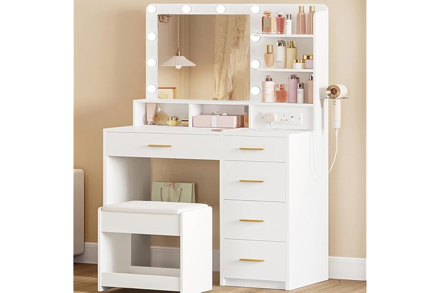 Hzuaneri Dressing Table with 3-Colour LED Adjustable Brightness, Vanity Table with Plug and Large Mirror, Stool and Hairdryer Holder, 6 Open Storage Areas, 90 cm desktop, White DT39003X