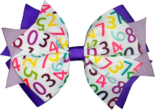 MeiMei Handmade 4.25 Inch Numbers Maths Ribbon Purple Pinwheel Hair Bow with Elastic Band Bobble, Girls Hair Accessories, 1 Piece (Maths 1, Triple PW, Bobble)