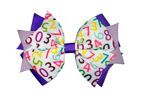 MeiMei Handmade 4.25 Inch Numbers Maths Ribbon Purple Pinwheel Hair Bow with Elastic Band Bobble, Girls Hair Accessories, 1 Piece (Maths 1, Triple PW, Bobble)