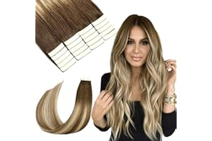 SURNEL Extensiones Adhesivas Pelo Natural Marrón Más Oscuro Desvaneciendo a Marrón Ash Resaltado con Rubio 35cm 50g 20Piezas Extensiones Adhesivas Pelo Humano Natural(T#3/8/22-35cm)