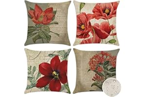 Artscope Set of 4 Decorative Cushion Covers 45x45cm, Vintage Red Flower Pattern Waterproof Throw Pillow Covers, Perfect to Outdoor Patio Garden Bench Living Room Sofa Farmhouse Decor