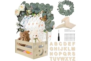 GIOTUK Wooden Baby Shower Crate Closet with 6 Hangers, 2 Sets of 26 Alphabet Letters, 1 Meter Rattan Vine, Baby Clothes Rack, Nursery Storage Basket for Diapers, Toys, Personalized Gift