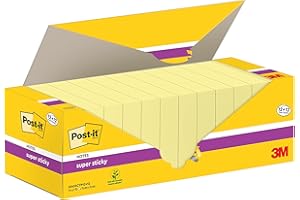 Post-it Notas Super Sticky Canary Yellow, Paquete de 12 Blocs + 12 Gratis, 90 Hojas por Bloc, 76 mm x 76 mm, Color Amarillo - Notas Extra Adhesivas para Listas de Tareas y Recordatorios