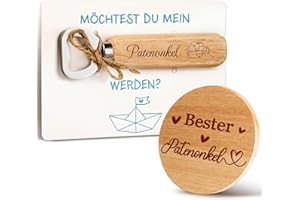 TUZELIYA Patenonkel Fragen Flaschenöffner mit Holzuntersetzer Bester Patenonkel Geschenk Möchtest du mein Patenonkel werden Karte Holz Bieröffner Öffner Geburt Tauf Geschenke für Taufpate Männer