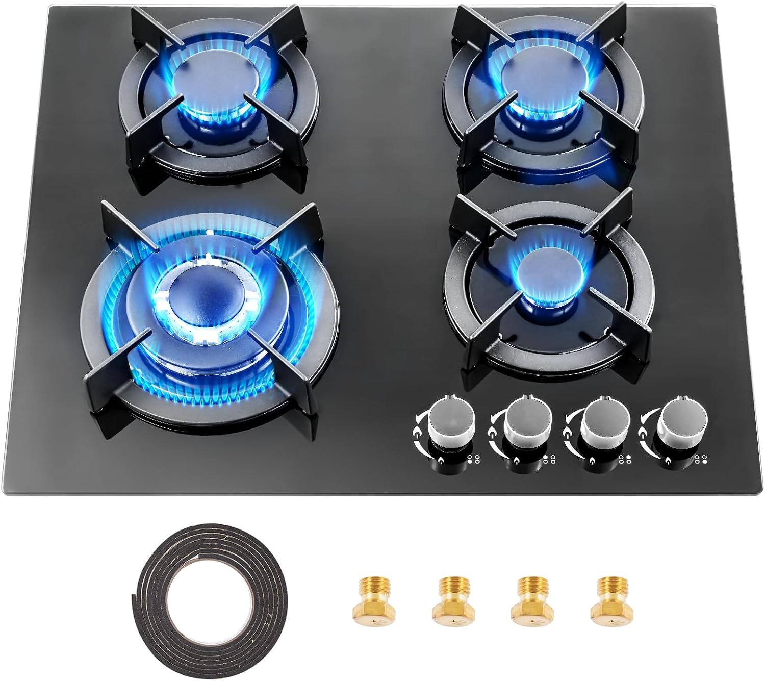 Victoam 7400W Gas Hobs 4 Burners, NG/LPG Convertible Induction Hob, 60cm Built-in Tempered Glass Panel, Electronic Lgnition + Flame Failure Protection (Black)