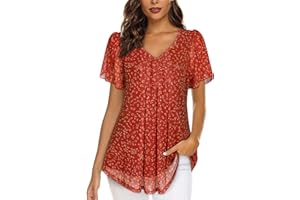 ACDAY Womens Blouses V Neck Ladies Tops Petal Short Sleeve Chiffon Tops Double Layers Mesh Tunic Tops Casual Shirts