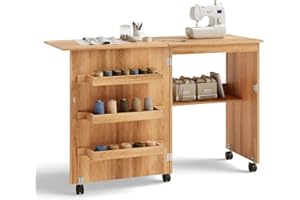 Giantex Zusammenklappbarer Nähtisch zum Nähen und Basteln, mit Ablagefächern und abschließbaren Rollen, zusammenklappbarer Nähtisch für kleine Räume. 46"x16"x31'' natur