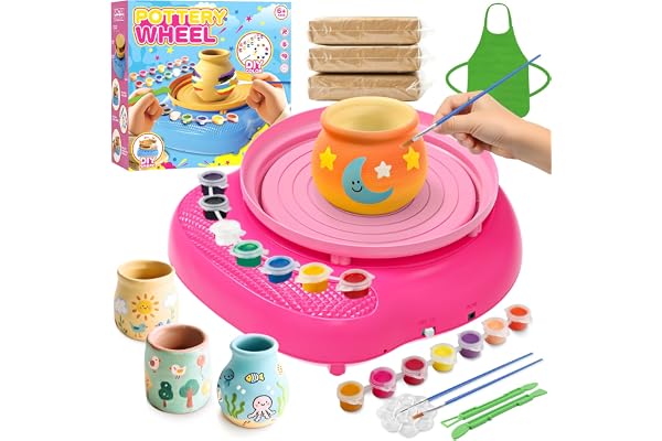 Tour de Potier pour Enfants 6-12 Ans – Kit Complet DIY Débutants avec 3 Pâtes Auto-Durcissantes, Outils, Fournitures d’Art et Loisirs Créatifs, Cadeau Anniversaire Garçons Filles 6+ Ans (Rose)