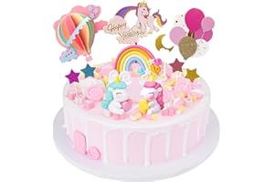 RHZXD Einhorn Tortendeko, Mädchengeburtstag Tortendeko, Tortendeko für Einhorn Mädchen, Einhorn Torte, Happy Birthday Einhorn, Heißluftballon, Regenbogen, Sterne, Mond