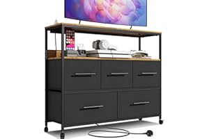 Adoture Dresser with Charging Station, Chest of Drawers for Bedroom with 5 Fabric Bins, TV Stand with Open Storage Shelf, TV Table with 4 Castors for Living Room, Hallway (Black)