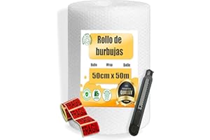 MARCPRINT Rollo Burbuja Embalaje 50 cm x 50 m con Cutter y Pegatinas de Fragil – Papel Burbuja para Mudanzas y Envíos – Plástico de Burbujas Protector Antigolpes – Embalaje Profesional Reutilizable