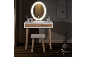 YOURLITE Toaletka Z Oświetleniem LED, 3 Kolory, Regulacja Jasności, Z Krzesłem, Toaletka Z Lustrem, Toaletka Z 2 Szufladami (Lustro owalne w kolorze drewna)