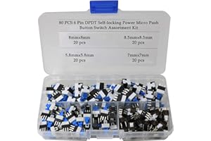 ABSOK 80Pcs 6 pines DPDT Interruptores de micro pulsador de alimentación con autobloqueo (5.8X5.8mm 7X7mm 8X8mm 8.5X8.5mm)