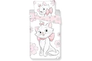 Jerry Fabrics Aristogatti Marie Flowers - Set copripiumino singolo e federa, 100% cotone, dimensioni europee, set copripiumino reversibile per bambini, comodo e traspirante, design carino