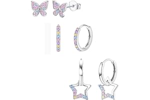 JeweBella Zestaw 3 par kolorowych kolczyków dla kobiet i dziewcząt, słodka cyrkonia, serce, gwiazda, kolczyki sztyfty, srebro próby 925, kolczyki kreolki i kolczyki, wiszące, hipoalergiczne kolczyki