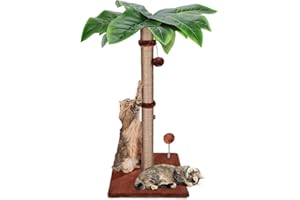 HEVOL Kratzstamm für Katzen,85cm Hoch Kratzstamm mit 2 Interaktiven Bällen und Frühling Ball Spielzeug, Natürlichem Sisalseil Kratzsäule mit Künstliche Blätter-Braun