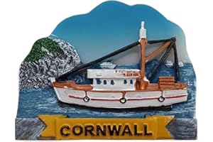 Thomas Benacci Cornwall Trawler Blue Sky and Cliffs Fridge Magnet - Fishing Boat - Cornish Souvenir for Visitors of Portreath Newquay Looe Tintagel or Truro
