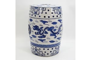 Chinese Blue and White Porcelain Garden Stool with Hollow Design Indoor/Outdoor Ceramic Drum Garden Stool Round Floor Low Ottoman Accent Table for Living Room Patio Balcony.(A)