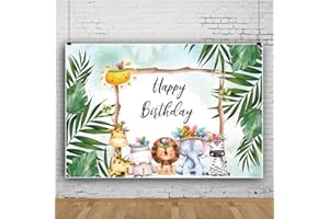 Ttincceer 220x150cm Happy Birthday Hintergrund Primitive Times Dschungel Tiere Fotografie Tropische Pflanzen Grüne Palmenblätter Baby Shower Decor Banner