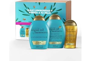 OGX Renewing Argan Oil of Morocco Rutina, Set de champú (1x385 ml), acondicionador hidratante ( 1x385 ml) y aceite para el pelo (1x100 ml) para cabello seco y dañado, gama con aceite de argán
