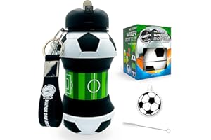 FunKitZ by AToZ UK FUNKITZ Bouteille d'eau pliable en silicone avec sangle de transport, porte-clés de football, brosse de nettoyage du bec verseur 550 ml, cadeaux de football pour garçons et filles