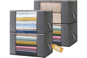 Boic 4 pezzi Scatole per Armadio 90L, Contenitori Salvaspazio per Vestiti, Grande Capacità, Organizer Pieghevole per Indumenti, Scatola Trasloco, Buste Pieghevole per Indumenti, Coperte, Grigio