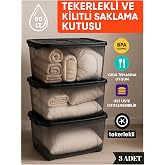 80 LT Tekerlekli Kilitli Saklama Kutusu 3&rsquo;l&uuml; Set Kapaklı Şeffaf BPA İ&ccedil;ermez &Uuml;st &Uuml;ste İstiflenebilir