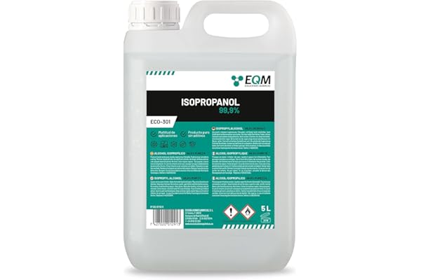 EQM - ECO-301 - Alcohol Isopropílico 99,9% - 5L - Isopropanol - Limpieza componentes electrónicos, objetivos y pantallas - Limpieza de resinas en impresión 3D - Limpiacristales y desengrasante