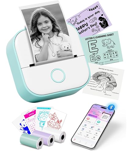 ESynic Mini Stampante Termica Bluetooth Ricaricabile – Stampa Foto Da Cellulare, Con 10 Rotoli Di Carta E Penne – Bianca