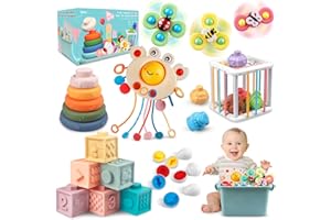 Jouet Bebe 6 Mois, 6 en 1 Montessori Bebe Eveil 6 9 12 Mois, Blocs Empilables/Jeux de Corde à Tirer/Cube d'activité/Jouet à Ventouse à Rotation/œufs à associer, Jeux Éducatif Fille Garçon 1 2 3Ans