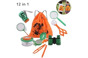 DesignerBox 12 Pack Outdoor Explorer Kit, Kids Adventurer Exploration Equipment Set with Binoculars, Flashlight, Compass, Magnifying Glass, Bug Collector, Bug Catcher for Hunting & Bird Watching