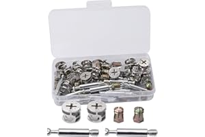 KEWEIDING Lot de 20 kits de connexion 3 en 1 pour meubles, boulons à tige pré-insérés et cames excentriques, pour assemblage de table, armoires, meubles, argent, alliage de zinc et fer