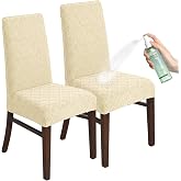 Dining Room Chair Covers Water-Repellent Set of 2 Beige Polka Dots Stretch chair covers with water-repellent surface polka dot pattern washable for dining room kitchen and hotel.