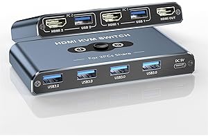 AUKOKIOULA KVM Switch, KVM Switch 1 Monitors 2 Computers, HDMI Switch, 4K@60Hz KVM Switches for 2 Computers Sharing 1 Monitor, 4 USB 3.0 Devices Such as Keyboard, Mouse, Printer, Scanner (Grey)