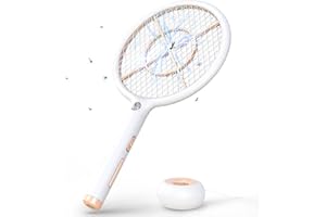 CONOPU Raqueta Matamoscas Electrica, 4000V, Base de Carga inalámbrica USB, Mata Mosquitos Electrico Recargable, Luz LED, Protección de Malla de 3 Capas, Antimosquitos, Blanco