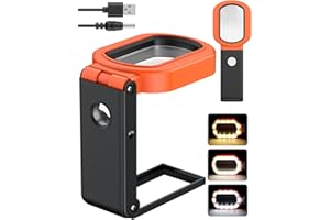 Uniclife Lente d'ingrandimento 10X con luce e supporto, pieghevole e portatile, per leggere e lavorare, 24 LED, 3 modalità colore, USB o batteria (batteria non inclusa)