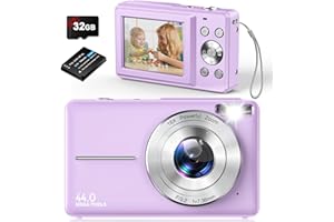 AMDEURDI Kompaktowy aparat cyfrowy 1080P HD 44 MP Aparat dziecięcy z 16-krotnym zoomem Aparat cyfrowy z kartą 32 GB, kompaktowy aparat dla dzieci, nastolatków, początkujących, fioletowy