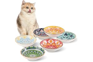 AHX Ceramic Cat Bowls Set of 6 - Colorful Cute Shallow Cat Dishes - 5.75-Inch, Whisker Friendly and Wide - Microwave & Dishwasher Safe - 8.5 oz (250 ml)