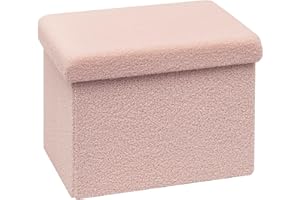 Bonlife Ottoman Seat with Storage,Folding Small Footstool for Living Room,Cube Toy Chest Box,Foot Rest,Sherpa Fabric,Pink,42x32x32cm