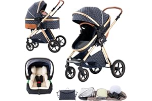 BEBBY 3-in-1 Kinderwagen KombiKinderwagen-Set 2-in-1 Buggy faltbar Luxus Hochlandschaft Neugeborenes Tragbarer Zusammenklappbarer Kinderwagen Travel System (Blue, H2)