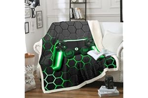 Homewish Gamer Fleece Blanket for Boys Play Throw Kids Player Blankets for Sofa Bed Couch Decor Green Neon Lights Gamepad Geometry Honeycomb Hexagon Plush Blanket All Year Round 150 x 200 cm