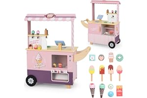 COSTWAY Kids Ice Cream Cart, Wooden Grocery Store Playset with Play Food, Vending Machine, Ice Cream Maker, Role Play Dessert Shop Trolley for Ages 3+ (Pink)