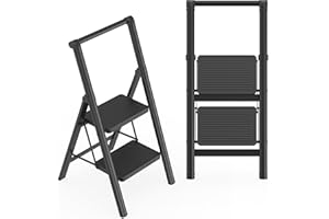 Aufun Escalera plegable de 2 peldaños, con pedal antideslizante ancho, con pasamanos, escalera doméstica, taburete multifuncional hasta 270 kg, escalera para el hogar, oficina, color negro