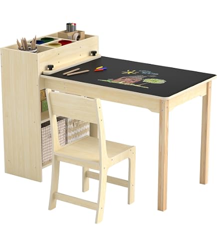 Table Créative Enfant Avec Chaise En Bois Massif - Multifonction Dessin, Jeu Et Rangement - Pour Tout-petits Dès 12 Mois